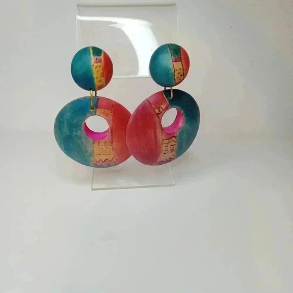 Tropical Vintage Earrings Wooden Teal Pink Yellow Dangle Hoops Statement Fun - Picture 2 of 4